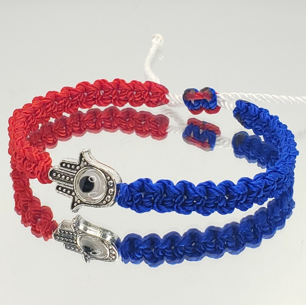Hamsa hand blue red & white bracelet for luck & health, USA, unisex bracelet